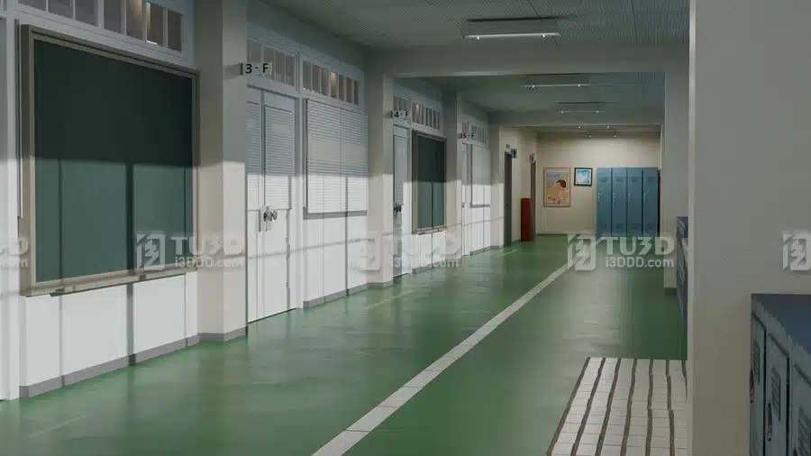 Blender高中走廊宣传栏教室场景模型