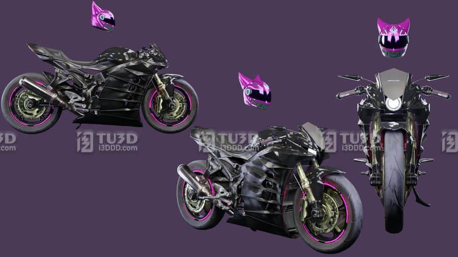 Blender女骑士装备摩托车赛博朋克场景