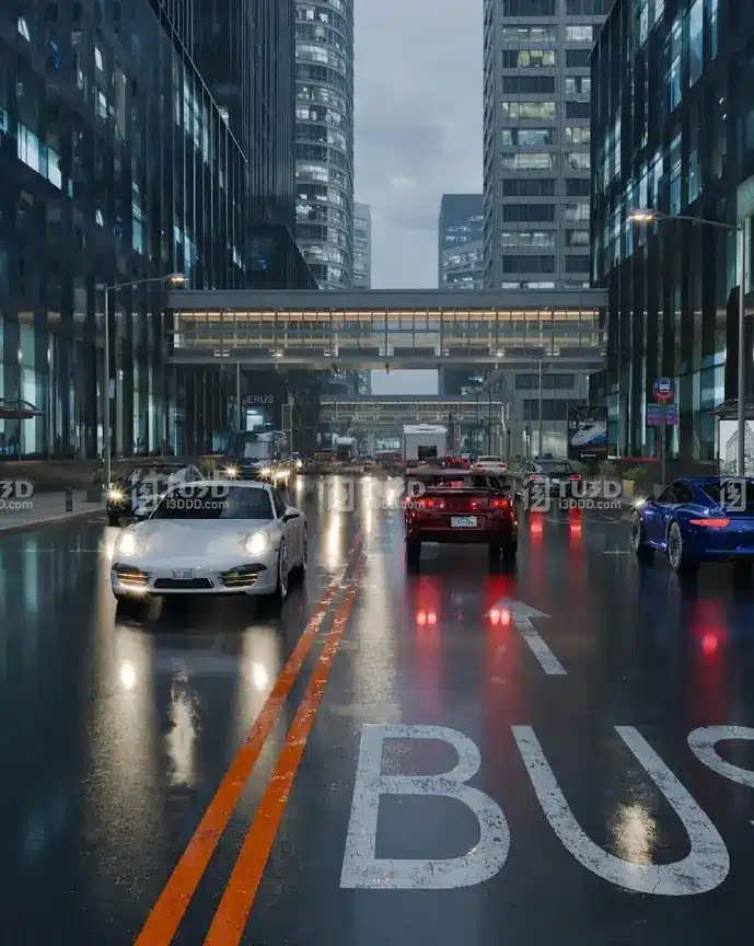 Blender城市道路车流欧洲建筑夜景工程