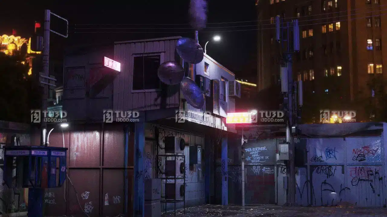 Blender赛博朋克街道废旧房屋3D模型