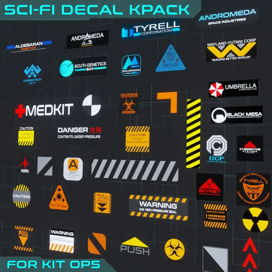 科幻贴花包 Kpack（Blender & Kit Ops）- Sci-Fi Decal Kpack for Blender & Kit Ops