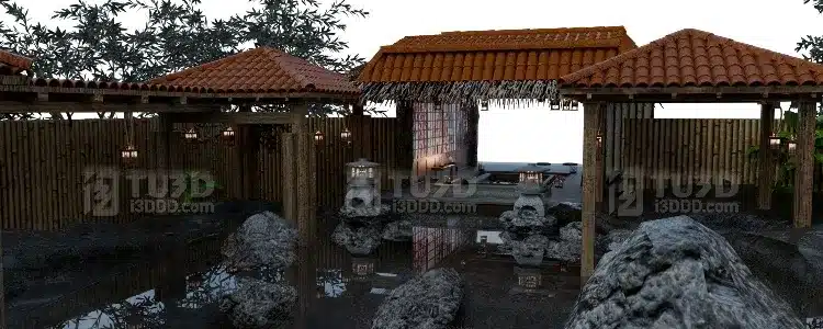 Blender 日式古风木质禅意庭院场景模型