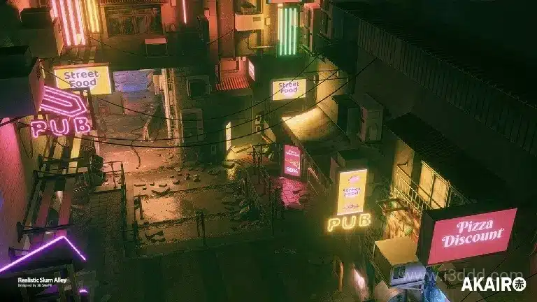 黑暗夜晚街道胡同小巷房屋霓虹灯牌场景 – Big Slum Alley