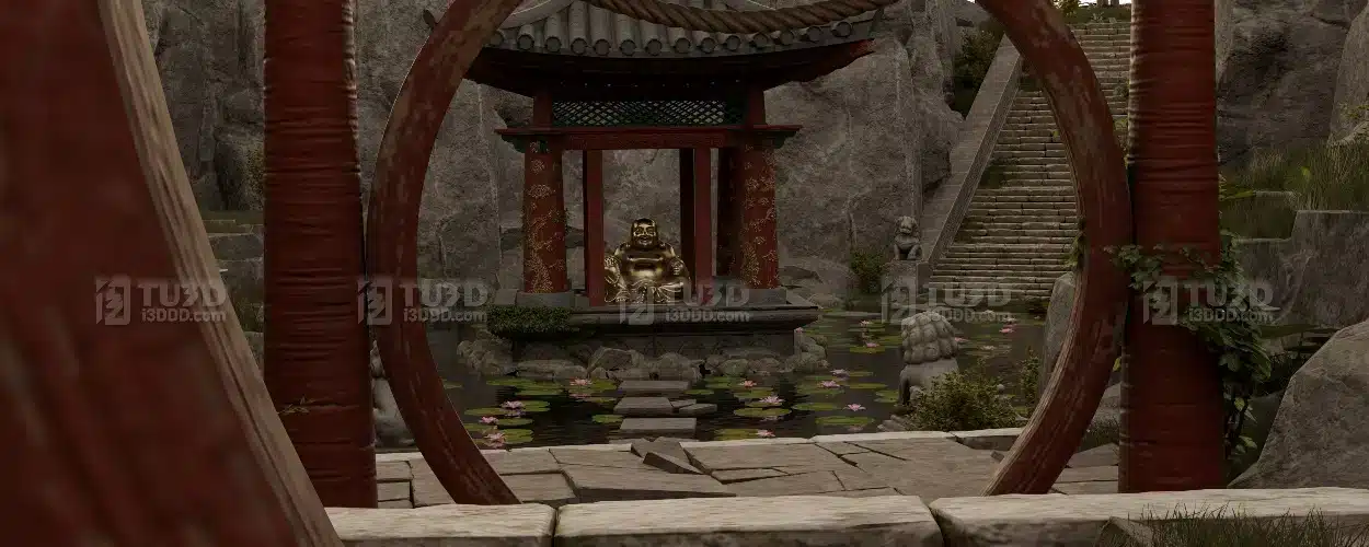 Blender 中式古风荷塘凉亭的东方禅意园林场景模型