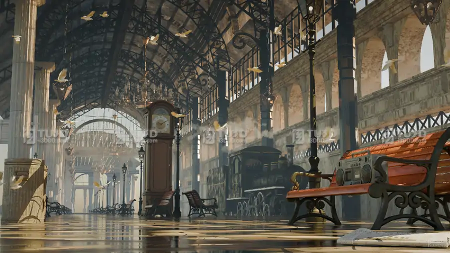 Blender复古欧式火车站站台3D场景工程