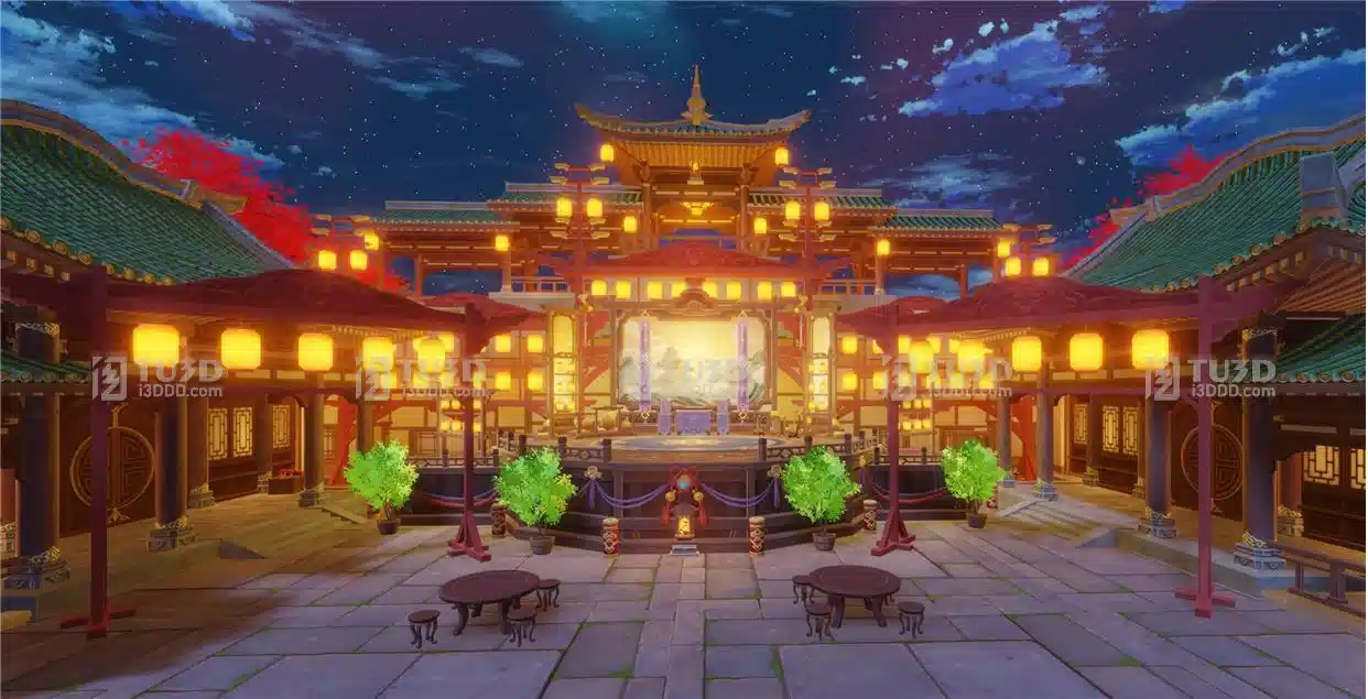 Blender中式古风卡通庭院戏台夜景场景