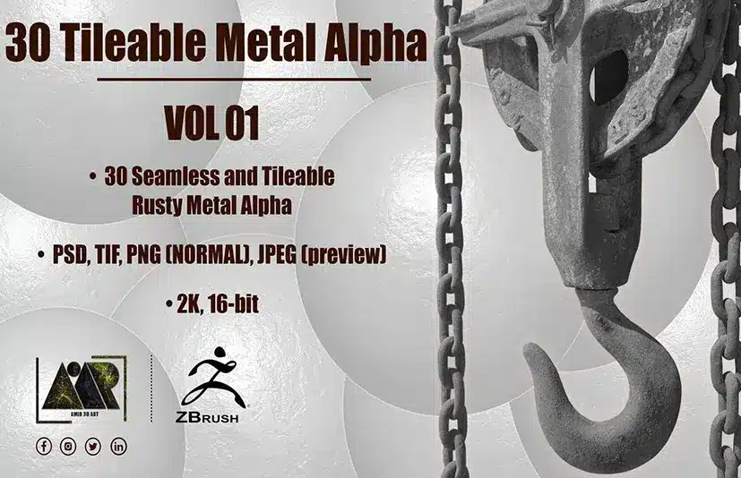 无缝金属笔刷 – 30 Seamless Tileable Metal Alphas Vol 01