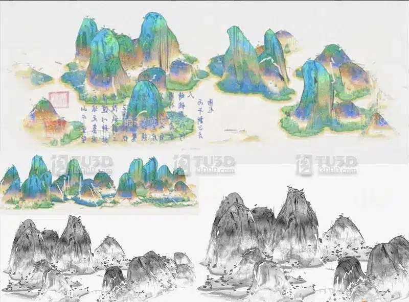 Blender水墨国画山水泛舟场景2款