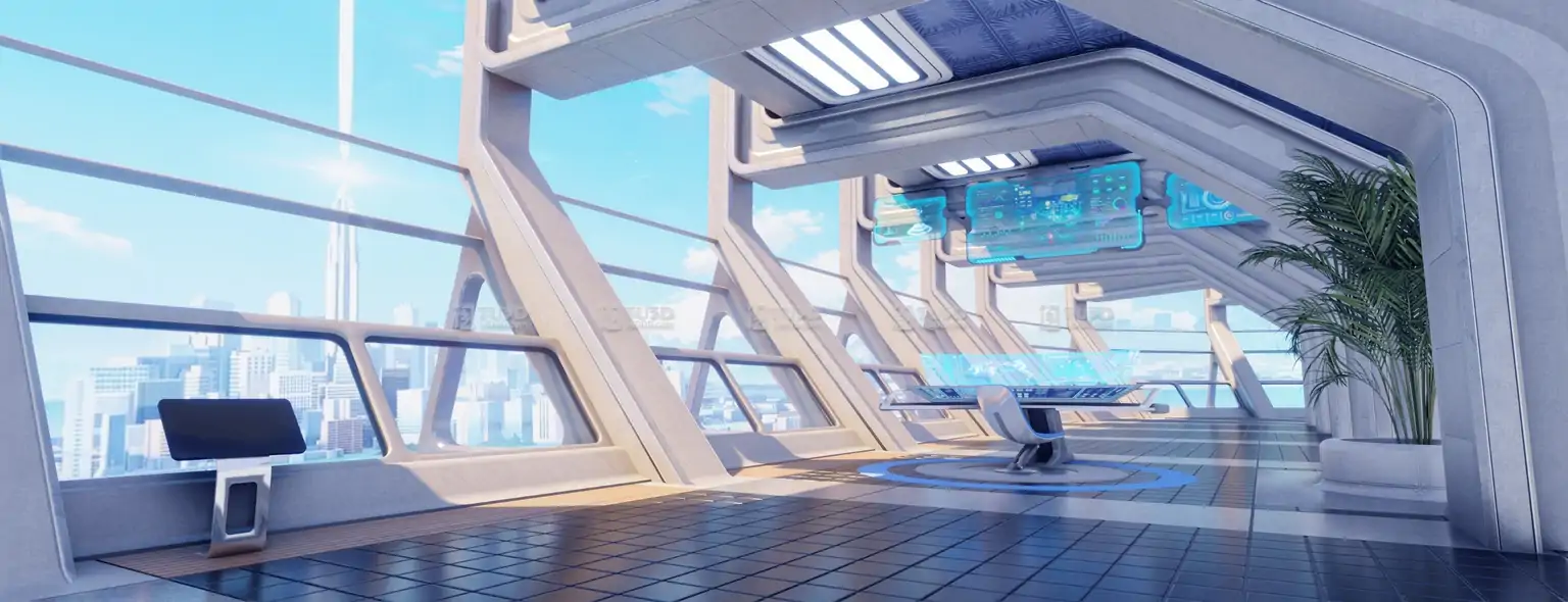 Blender科幻走廊全息屏幕控制室场景