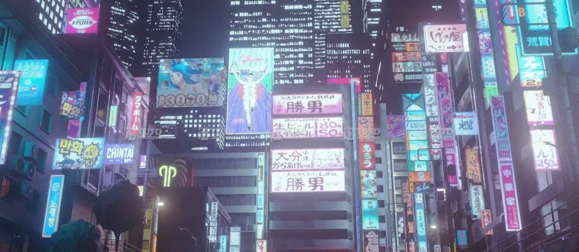 Blender日式赛博朋克霓虹灯招牌模型