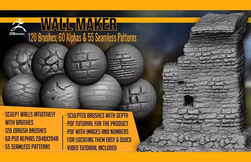 破墙笔刷 – Wall Maker 120 ZBrush Brushes 60 Alphas 55 Patterns