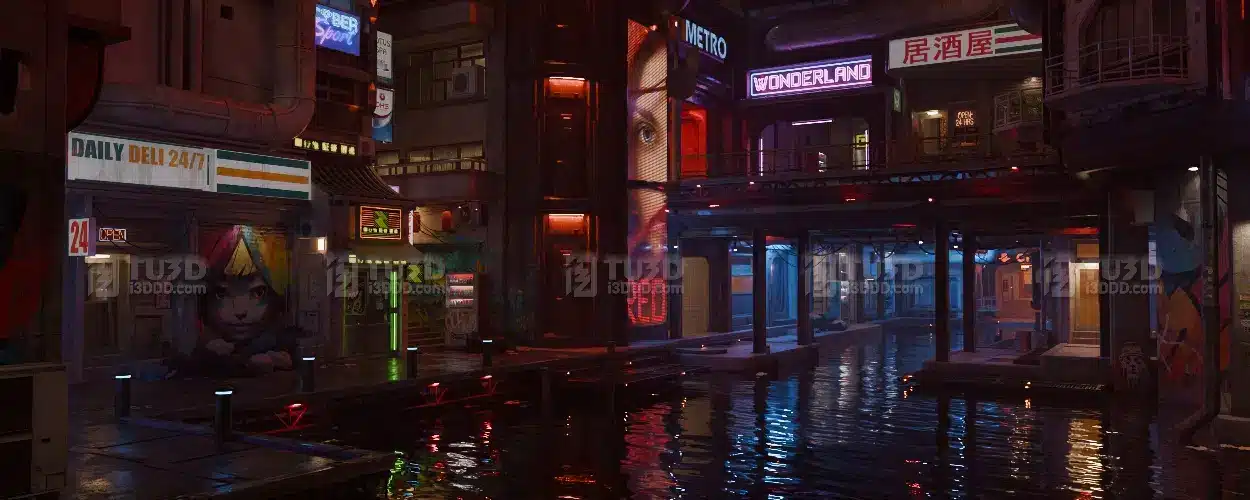 Blender 赛博朋克水上街巷场景模型