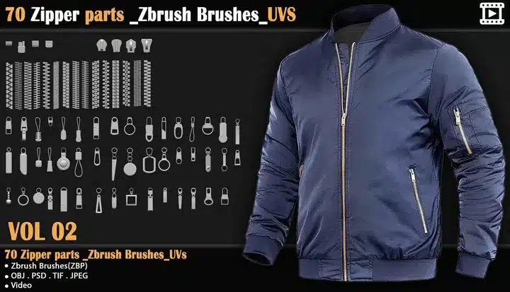 70 个拉链部件 – ZBrush 笔刷与 UVs – 70 Zipper Parts – ZBrush Brushes & UVs