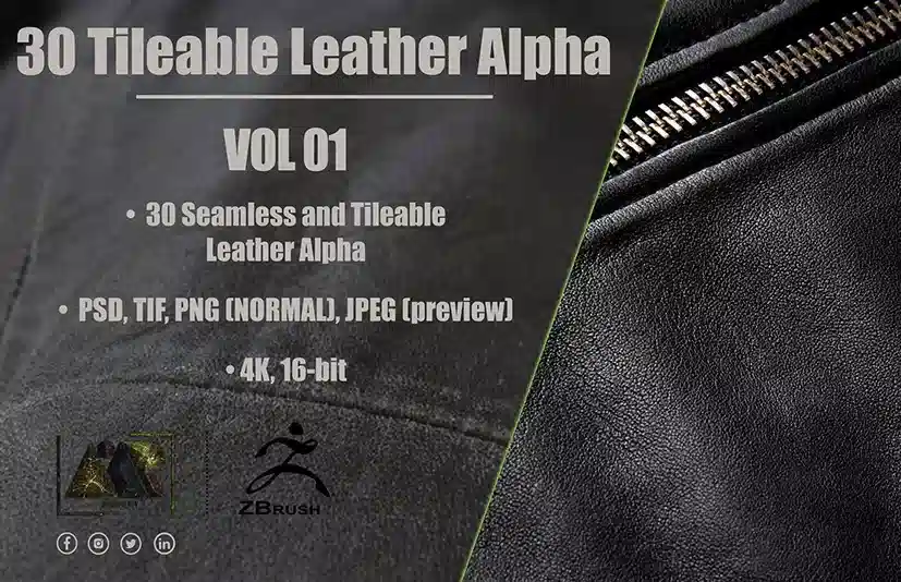 无缝皮革笔刷 – 30 Seamless Tileable Leather Alphas Vol 01