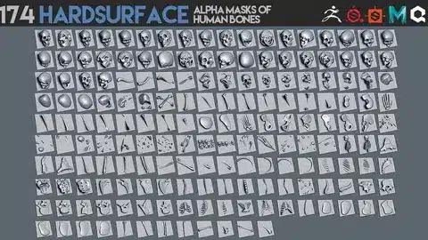 174 款硬表面人类骨骼 Alpha 蒙版 – 174 Hardsurface Human Bone Alpha Masks