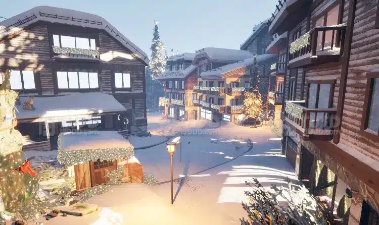 Blender 雪山度假小镇场景模型圣诞风格滑雪缆车站