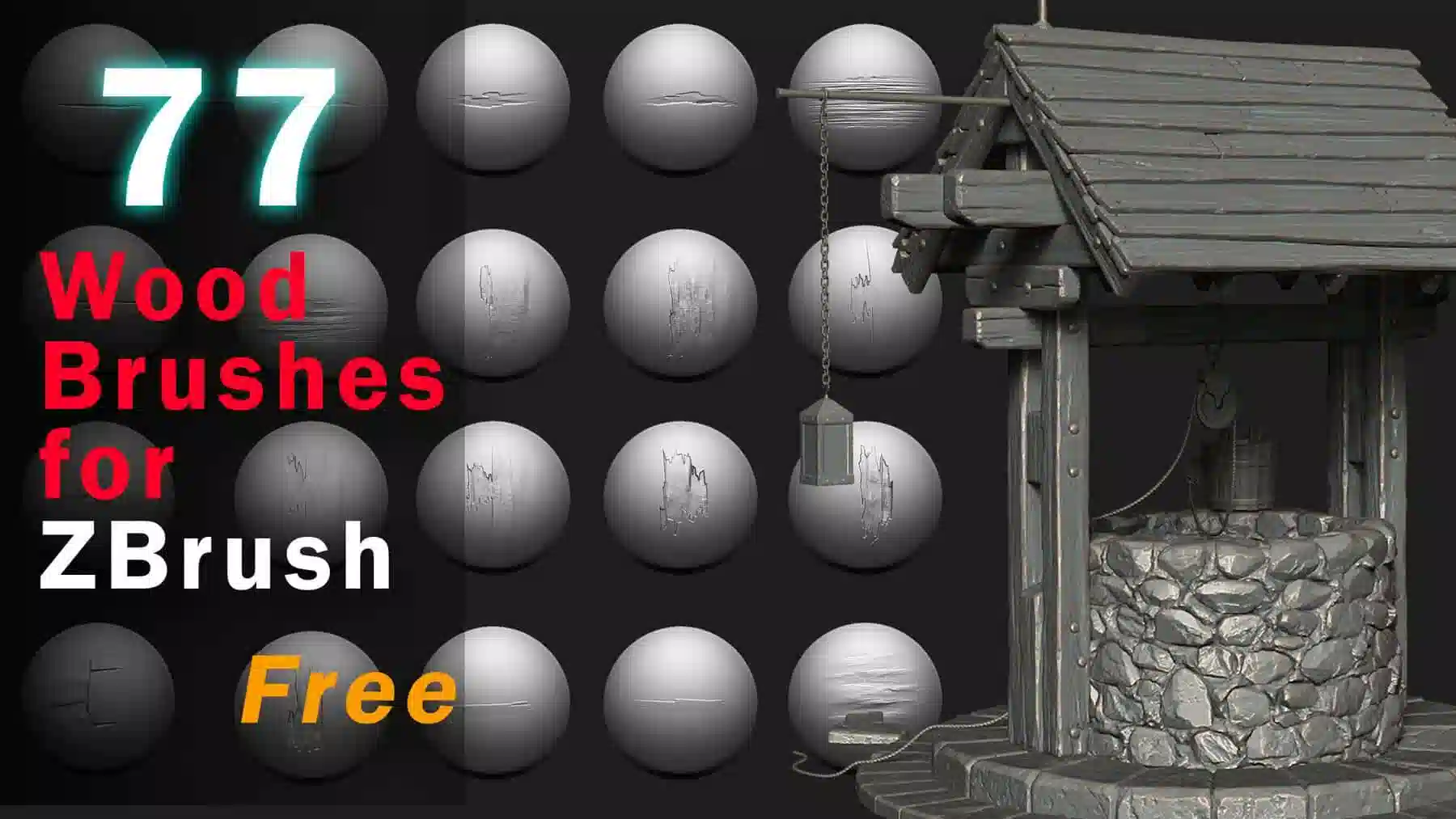 77 款免费木质笔刷套装 – 77 Free Wood Brushes for ZBrush