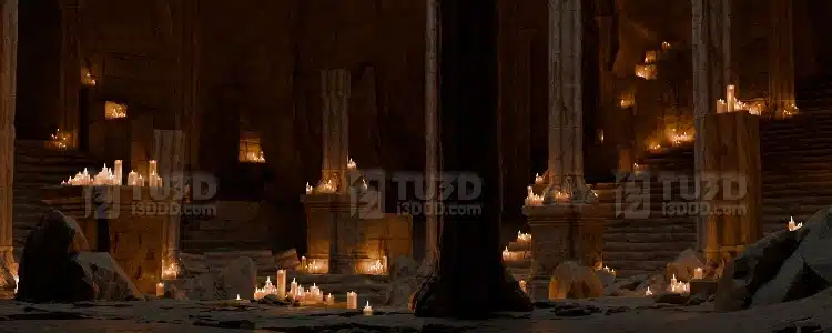 Blender 蜡烛照明的古老石质圣殿场景