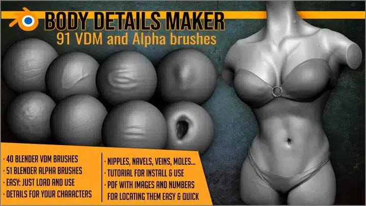 Blender 人体细节 VDM 雕刻笔刷 – Body Details VDM Brushes for Blender