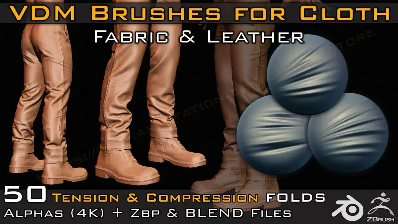 50 款布料皮革织物 VDM 笔刷 – 张力与压缩褶皱 – 50 Cloth Leather & Fabric VDM Brushes – Tension & Compression Folds