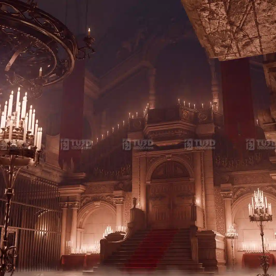 Blender 哥特复古奢华宫殿烛光大厅场景模型
