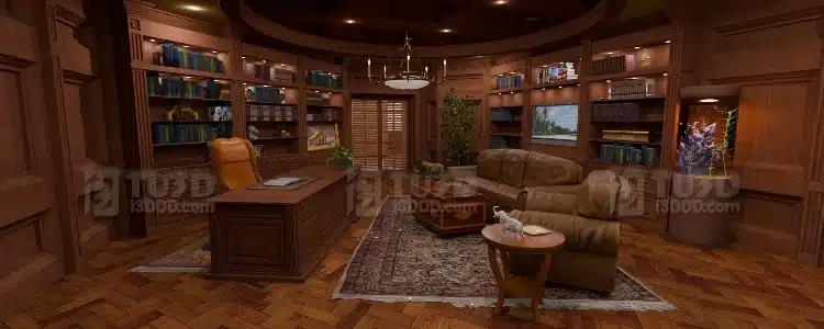 Blender 美式古典书房办公室场景模型