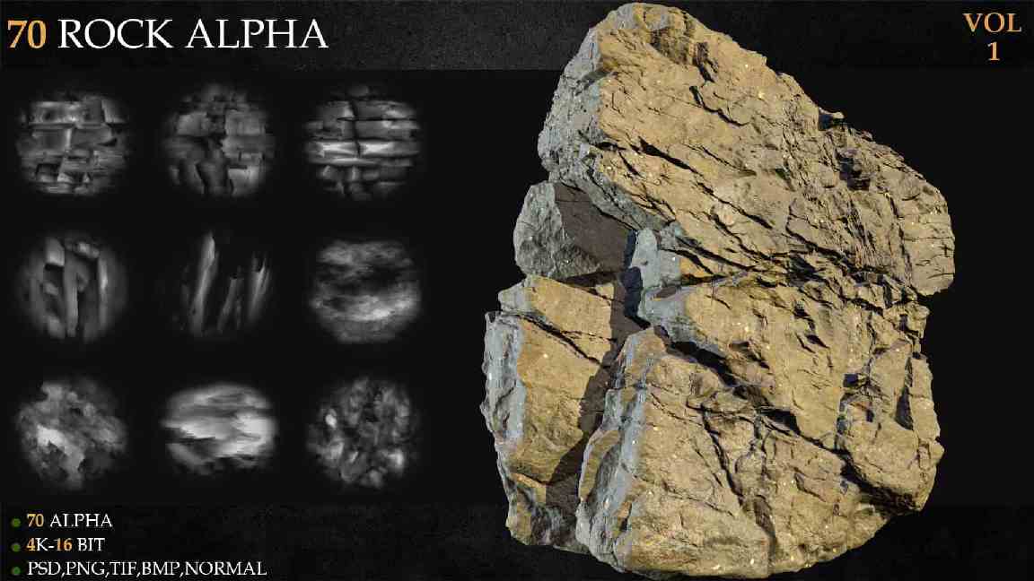 70 组岩石 Alpha 贴图合集 – 70 Rock Alphas Vol.1