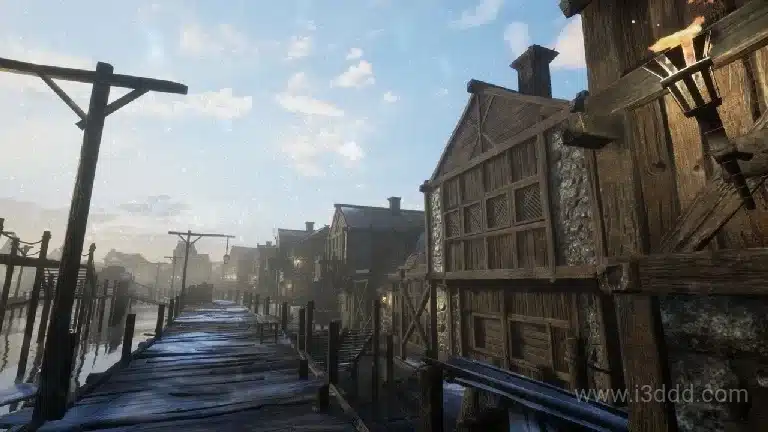 中世纪风格湖畔小屋码头模型场景 Laketown