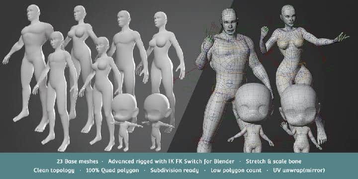 基础角色模型入门套件 + 高级绑定 v2.7 – Base Character Starter Kit + Rig v2.7