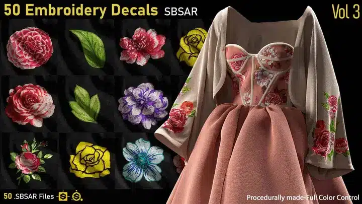 50款刺绣贴花材质 第3卷 – 50 Embroidery Decals Vol.3