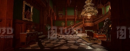 Blender 复古维多利亚风豪宅大厅雕花楼梯与水晶吊灯场景模型