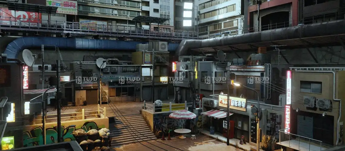 Blender写实日本赛博朋克城市街道3D场景