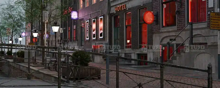 Blender 运河街道场景复古路灯与水城小镇夜景模型