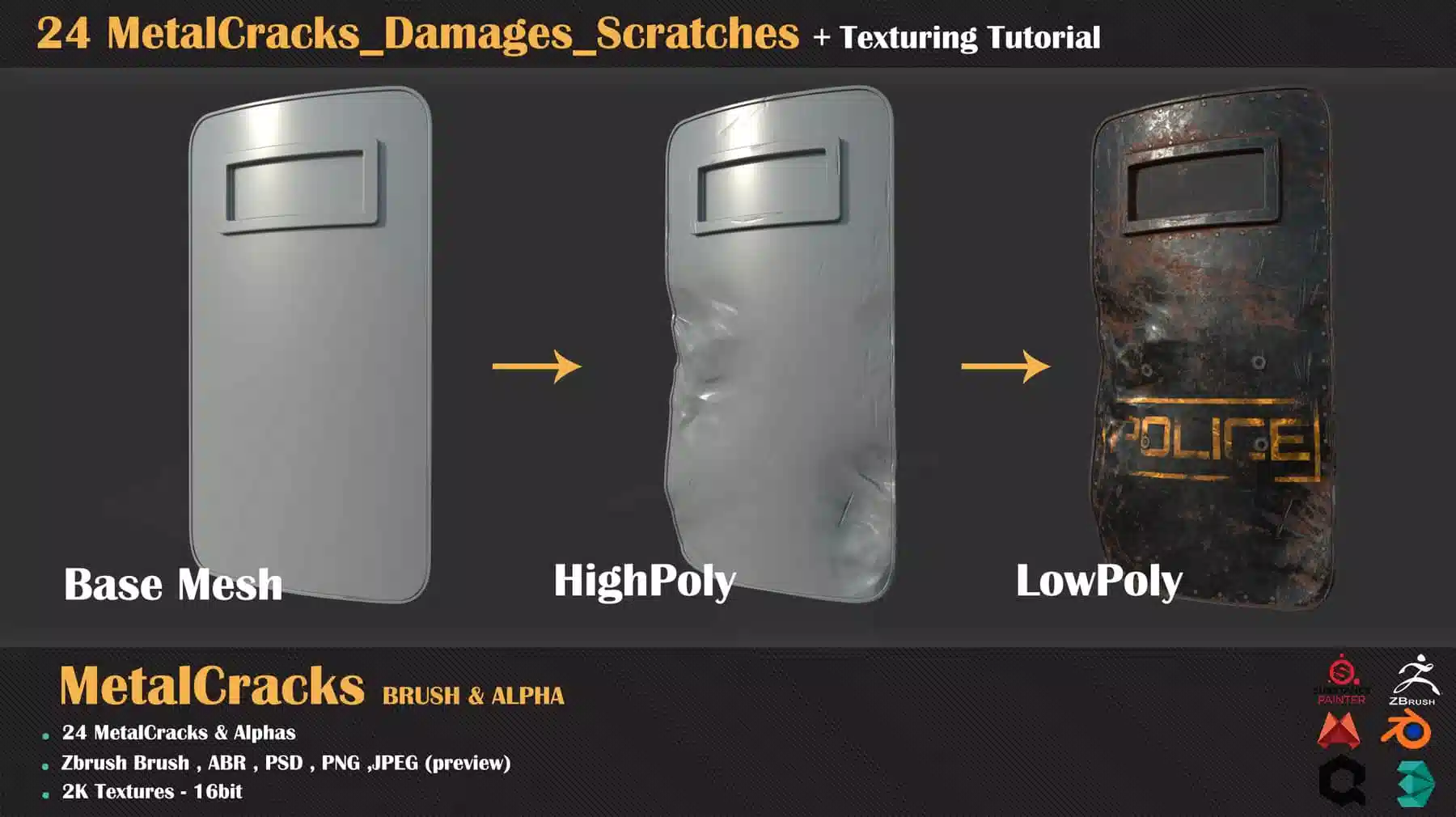金属划痕破损裂纹 – 24 Metal Cracks Damages Scratches + Texturing Tutorial