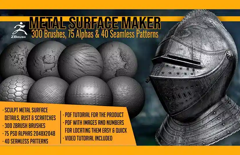 金属锈迹划痕磨损笔刷 – Metal Surface Maker 300 ZBrush Brushes 75 Alphas 40 Patterns