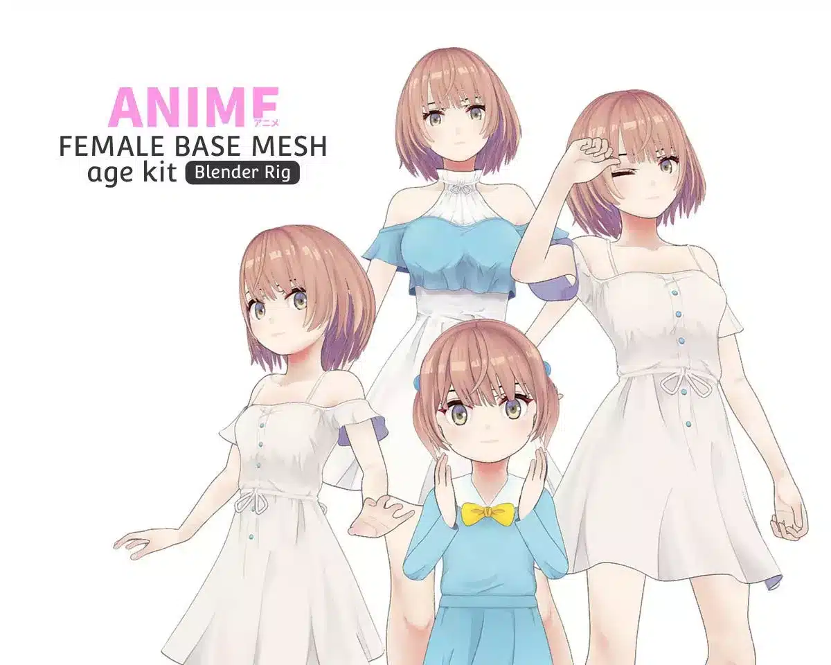 低模动漫女性基础网格 年龄套件 – Anime Female Base Mesh Age Kit Low-poly