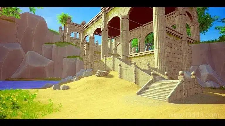 卡通可爱海边小岛沙滩罗马柱蓝天小屋场景 Green Island