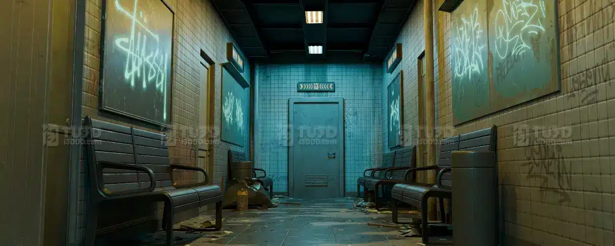 Blender 赛博朋克废弃候诊走廊场景模型