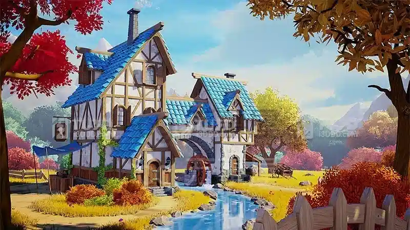 Blender湖边木屋童话森林梦幻场景模型