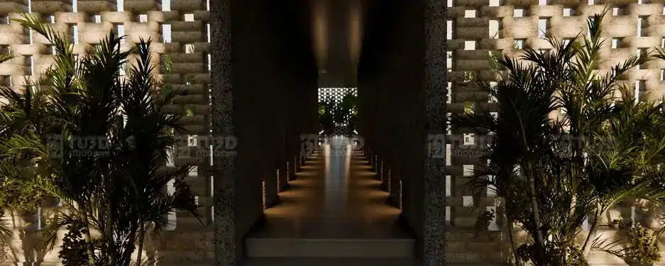 Blender 砖墙镂空光影与热带植物水景空间