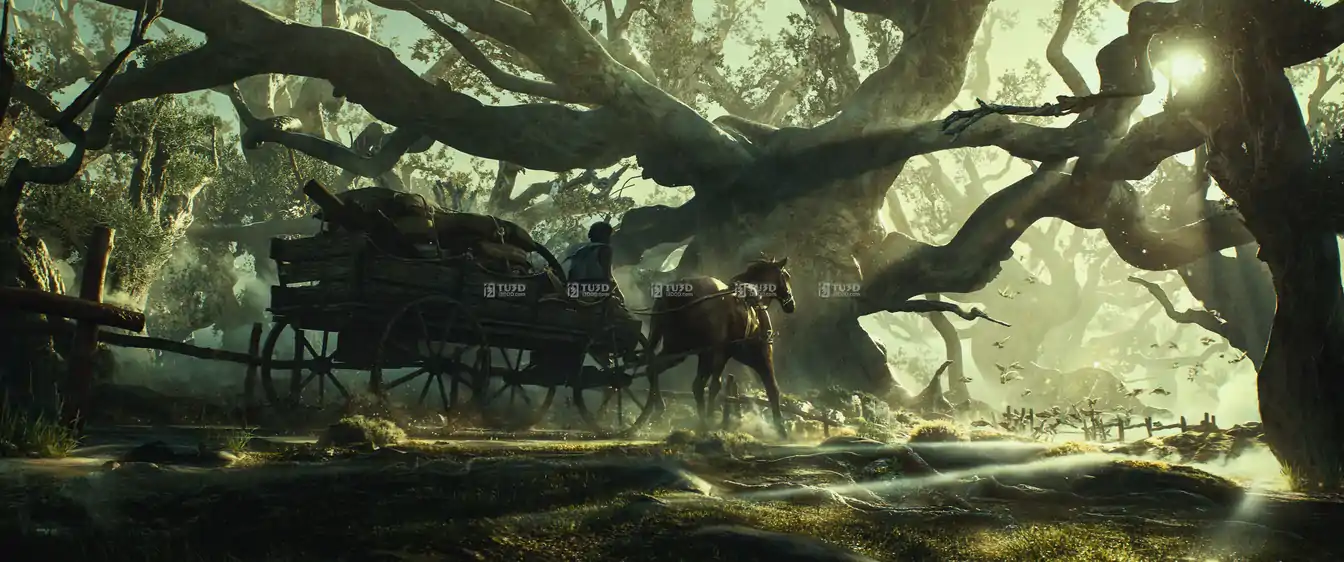 Blender西方魔幻橄榄树林马车夫黄昏场景