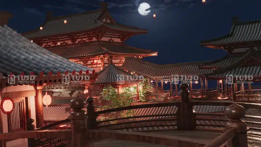 Blender古风阁楼亭子元宵孔明灯场景