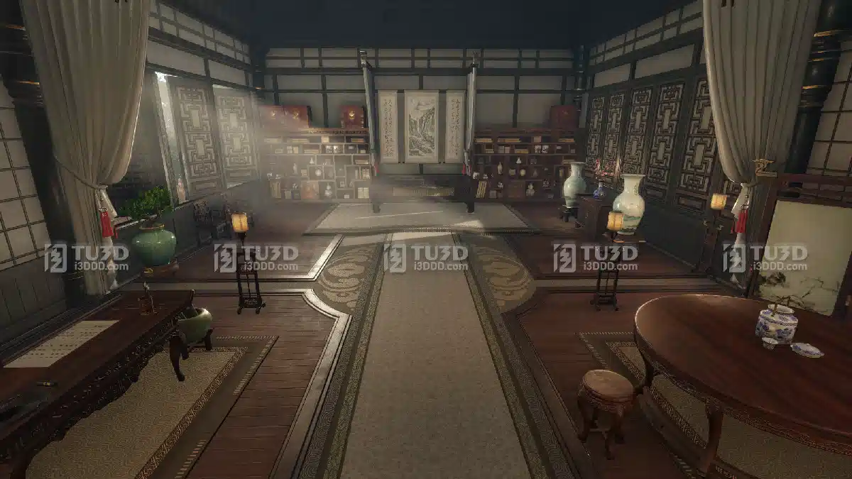 Blender古风中式室内园林书房3D场景