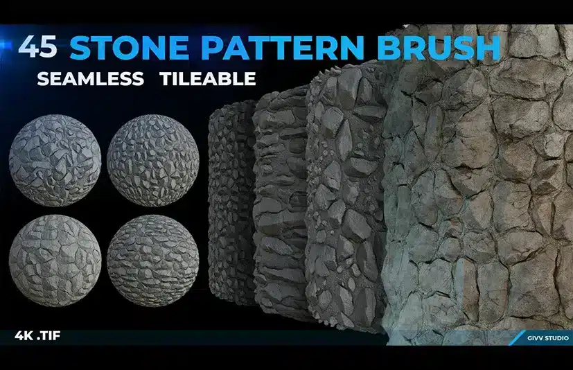 石头纹理笔刷 – 45 4K Tileable Stone Pattern Brushes