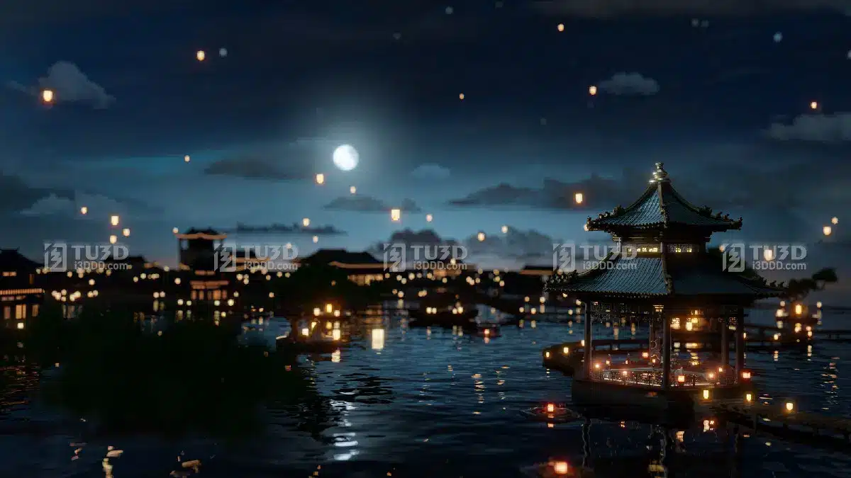 Blender古风亭子月亮星空灯笼3D场景