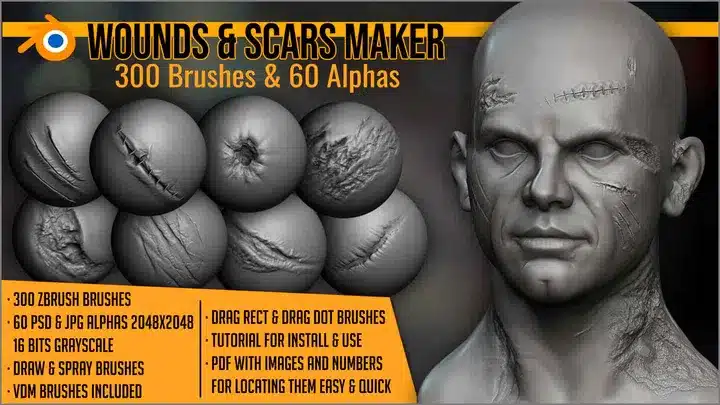 创伤与疤痕笔刷集合 – Wounds & Scars for Blender – 300 Brushes & 60 Alphas
