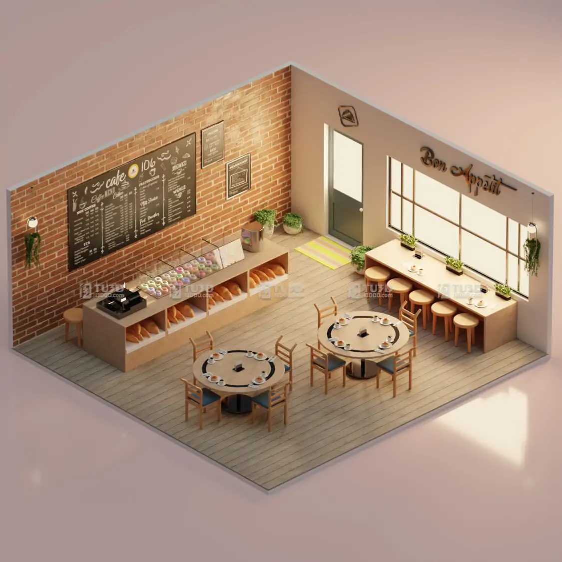 Blender卡通餐厅咖啡馆2.5D桌椅场景