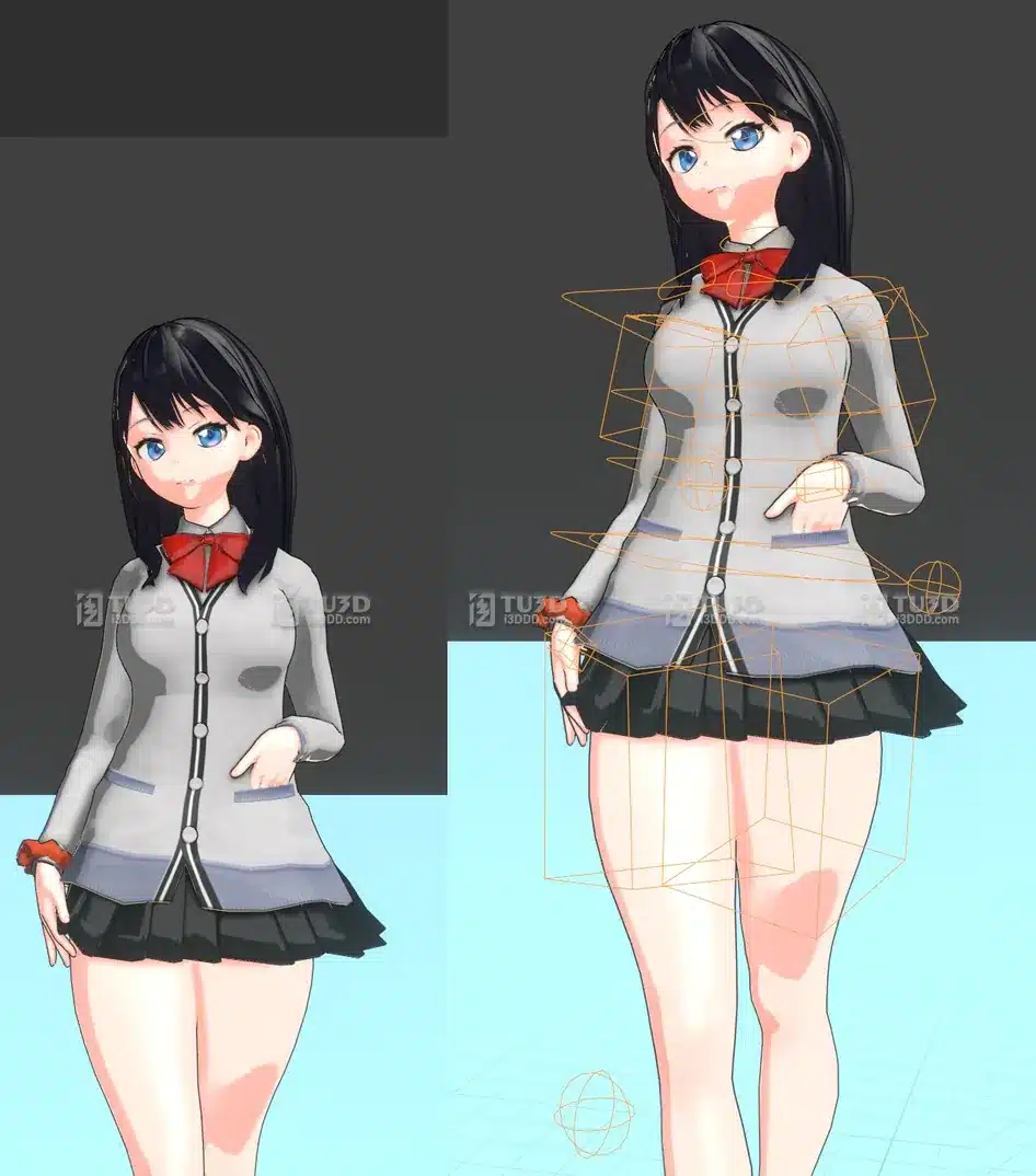 Blender校园二次元女孩骨骼绑定模型