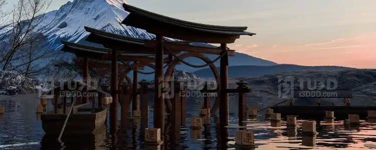 Blender 日式雪山湖畔古风建筑