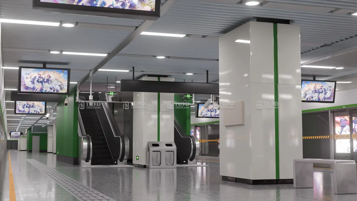 Blender写实地铁站站台走廊扶梯场景工程